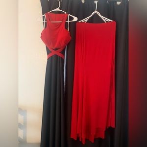 Red two piece long formal dress w/ wrap tie for the top
